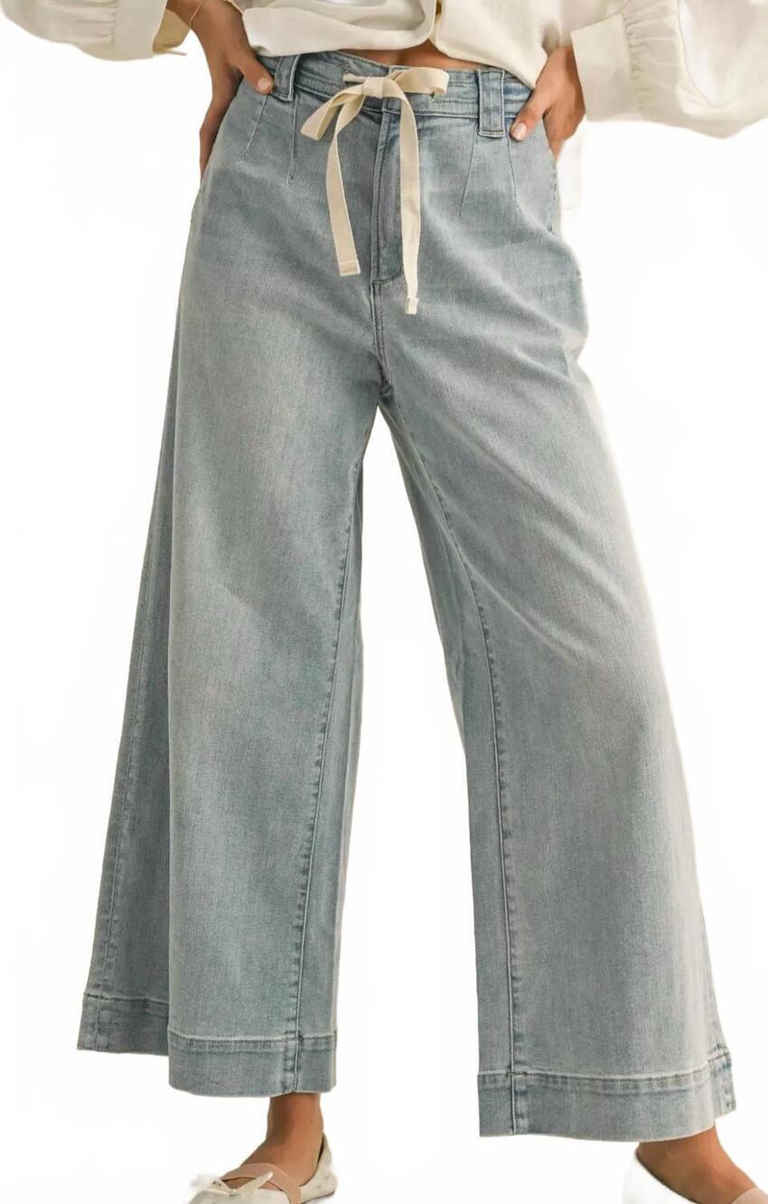 NEW MIOU MUSE washed denim pants with front tie in blue